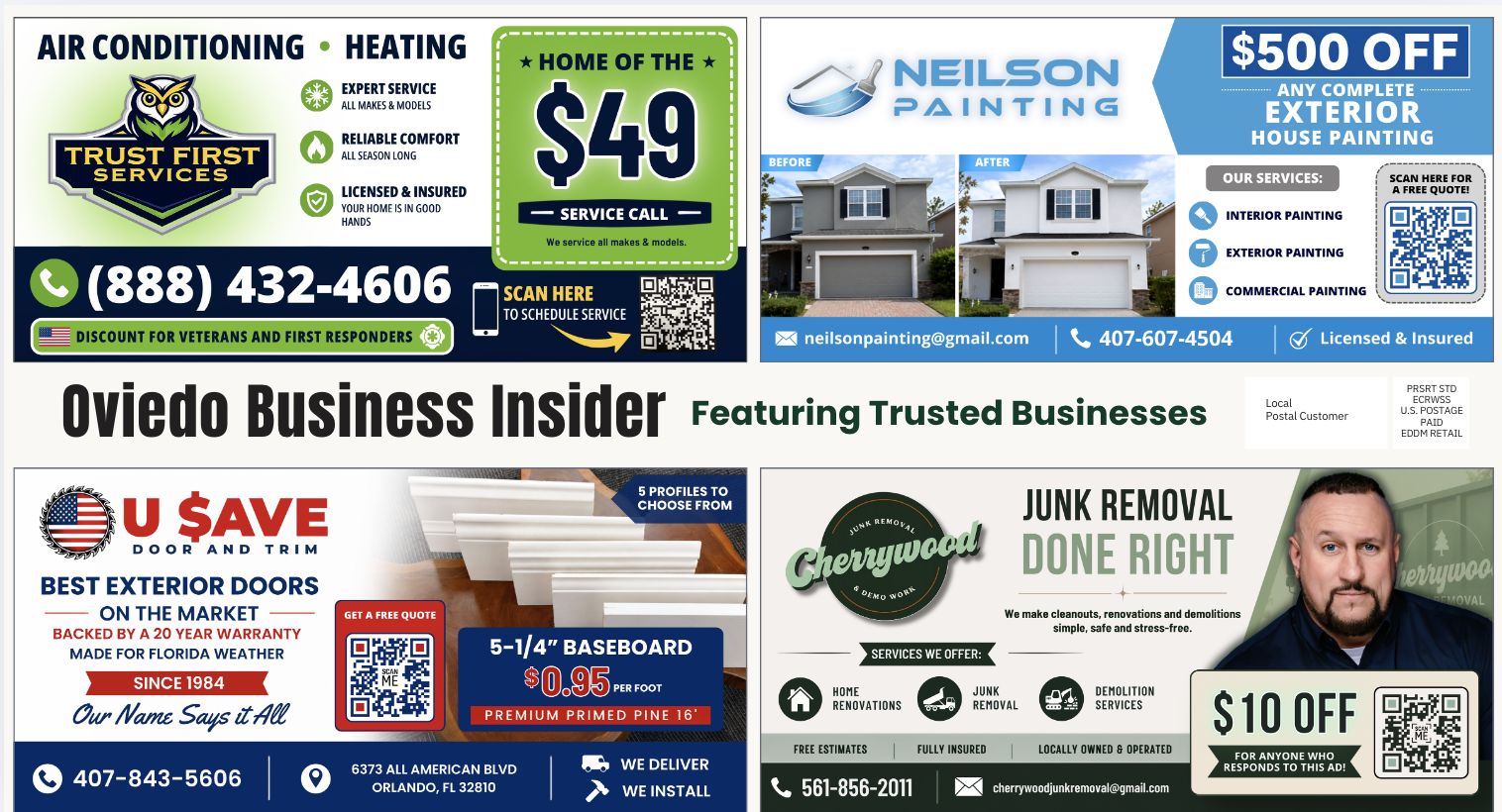 Delivered Oviedo Business Insider postcard, front.