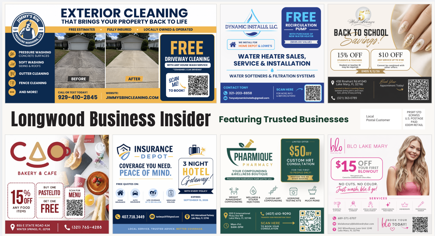 Delivered Longwood Business Insider postcard, front.